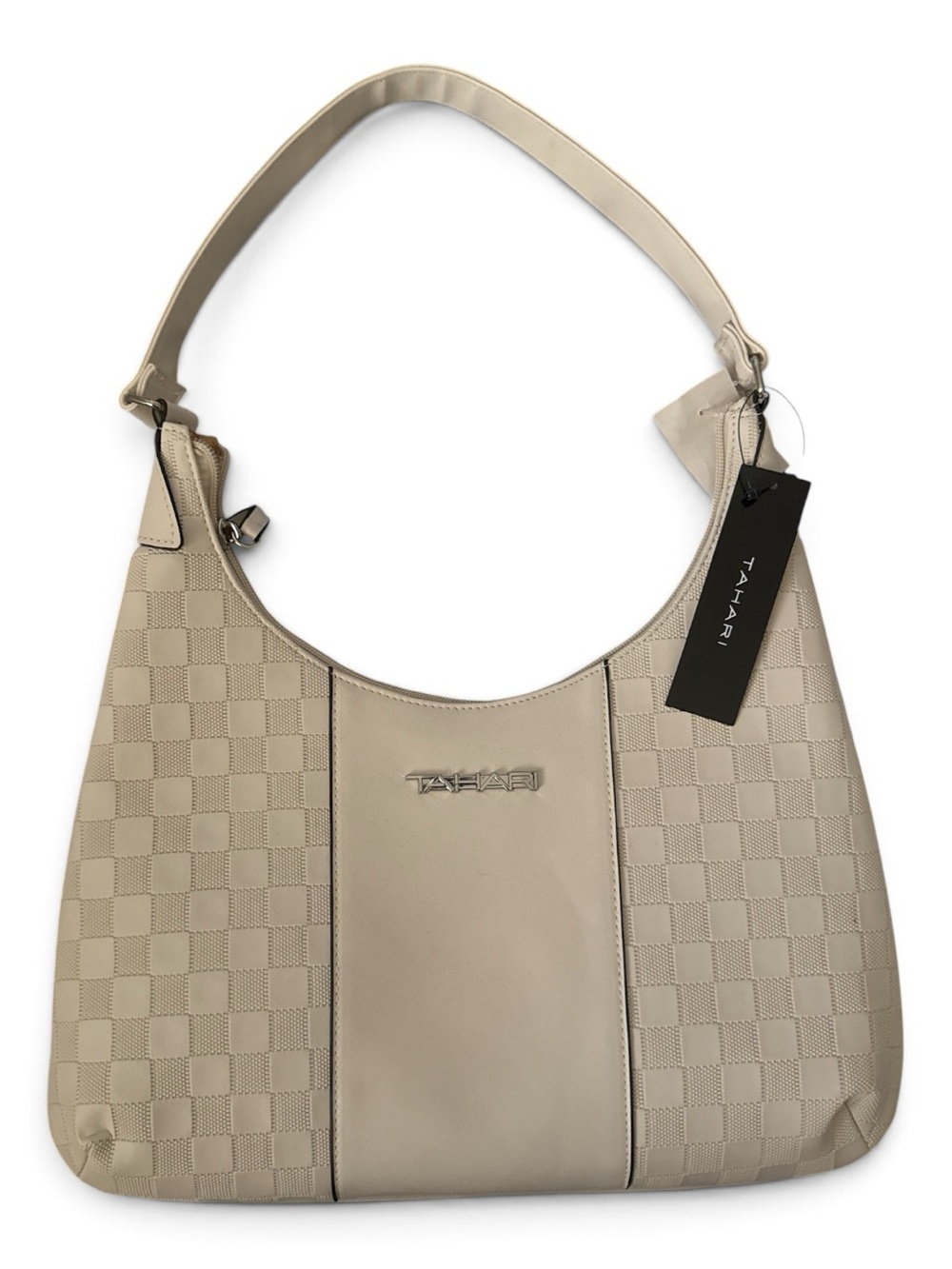 Tahari Cream Shoulder Bag with Checker-Panel Detail